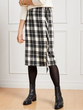 Talbots Black & Cream Plaid Midi Skirt with Side Fringe Size 12